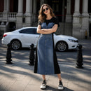 Vestido Alisse™ com Painel Jeans e Design Moderno